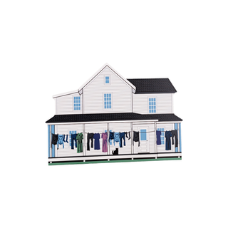 3/4" thick wooden Model of a two-story house with clothes hanging outside on a white background
