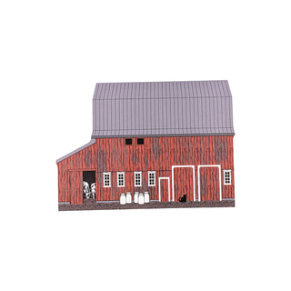 3/4" thick wooden model of Red barn with gray roof on a white background