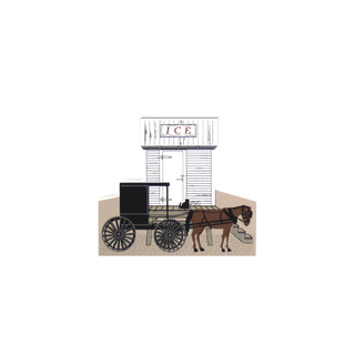 3/4" wooden replica with an Illustration of a horse-drawn carriage with an ice box on a white background
