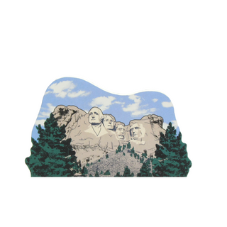 3/4" thick wooden cutout of Mount Rushmore with trees in the foreground against a blue sky with clouds