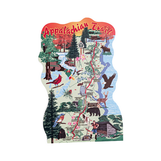 3/4" thick wooden illustration of a Map of the Appalachian Trail with scenic illustrations on a white background