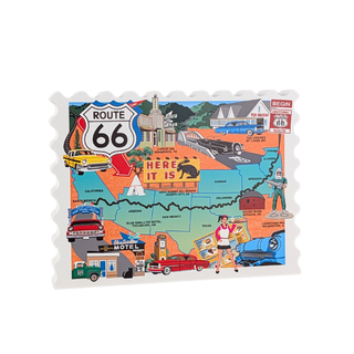 3/4" thick wood Colorful illustration of Route 66 map on a white background