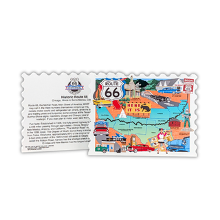 3/4" thick wooden Route 66-themed decorative shelf decor with map and illustrations on a white background