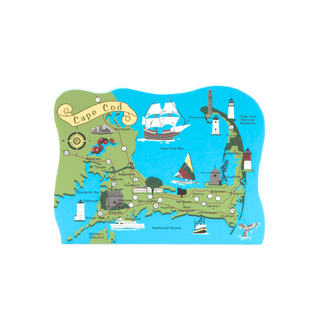 wooden replica with an illustrated Map of Cape Cod with illustrations of ships, lighthouses, and other landmarks.