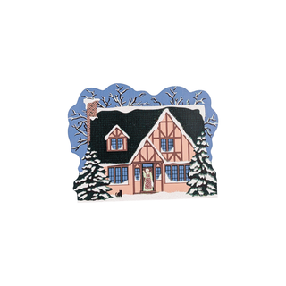 3/4" thick wooden illustration of a cottage in the winter