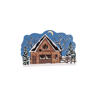 3/4" thick wooden illustration of a barn scene in winter