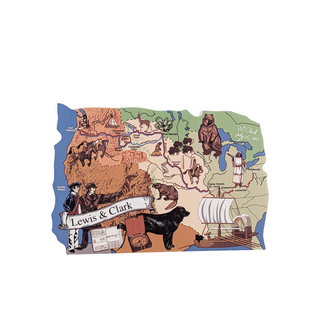 3/4" wooden cut out replica back of an illustration Map of Oregon with illustrations related to the Lewis and Clark expedition on a white background