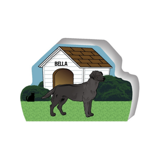 wooden replica of a illustrated black longhaired dog standing in front of a dog house