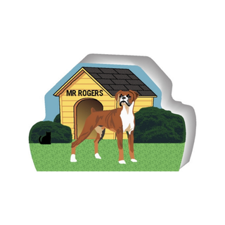 wooden replica of a illustrated brown and white boxer dog standing in front of a dog house