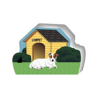 wooden replica of a illustrated white and brown jack russell dog standing in front of a dog house