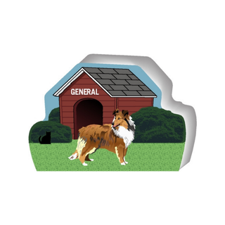wooden replica of a illustrated brown and white dog standing in front of a dog house