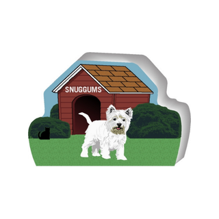wooden replica of a illustrated dog standing in front of a dog house
