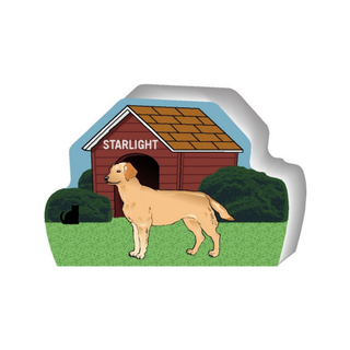 wooden replica of a illustrated dog standing in front of a dog house