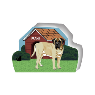 wooden replica of a illustrated tan and black mastiff dog standing in front of a dog house