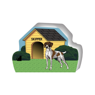 wooden replica of a illustrated brown and white with spots german pointer dog standing in front of a dog house