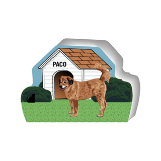 wooden replica of a illustrated brown dog standing in front of a dog house
