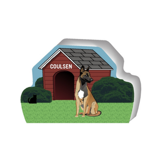 wooden replica of a illustrated brown white and black shorthaired dog standing in front of a dog house