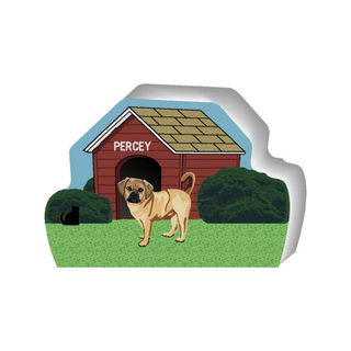 wooden replica of a illustrated little brown dog standing in front of a dog house
