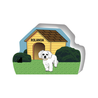 wooden replica of a illustrated white little dog standing in front of a dog house