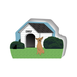 wooden replica of a illustrated tan little dog standing in front of a dog house