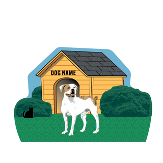 wooden replica of a illustrated white and brown dog standing in front of a dog house