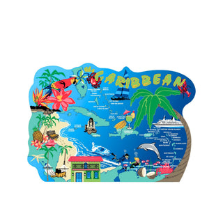 3/4" thick wooden cutout Map of the Caribbean with various elements like palm trees, flowers, and people enjoying activities.