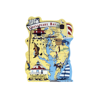 3/4" thick wooden Map of Chesapeake Bay with various illustrations and text