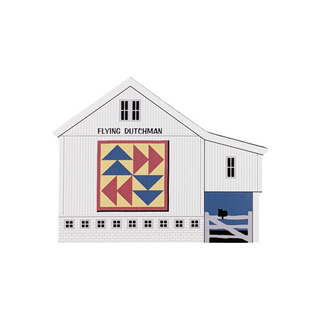 3/4" thick wooden illustration of a white barn with a quilt