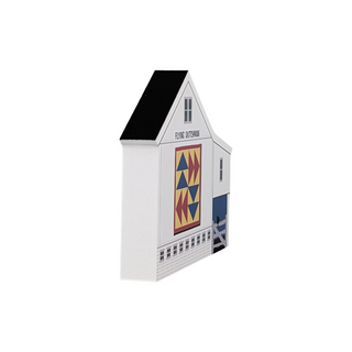 3/4" thick wooden illustration of a white barn with a quilt