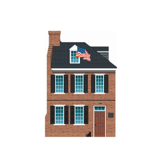 3/4" thick wooden Illustration of a two-story brick house with an American flag on the roof.