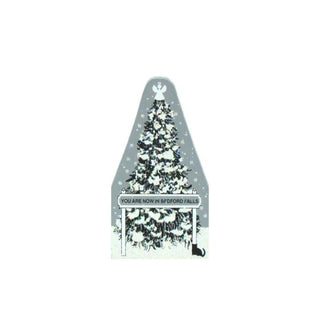 3/4" thick wooden replica with an illustration of a  Christmas tree with snowflakes and an angel on a gray background, featuring text 'You are now in Bedford Falls'.