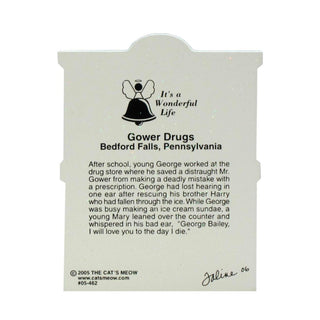 back of product with text about George Bailey from 'It's a Wonderful Life' with text and angel icon.