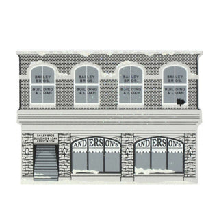3/4" thick wooden replica with an illustration of a  building facade with 'Bailey Bros. Building & Loan' and 'Andersons' signs.