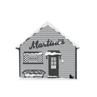 3/4" thick wooden replica with an illustration of a  small building with 'Martini's' sign and 'Beer' sign on a white background