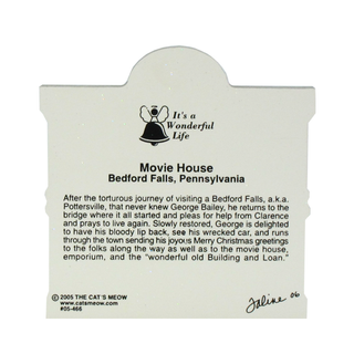 back of product with text and logo from 'It's a Wonderful Life' movie, featuring Bedford Falls, Pennsylvania.