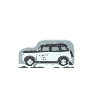 3/4" thick wooden replica with an illustration of a  taxi cab with 'Ernie's Taxi Cab' text on a gray background