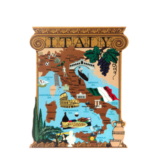 3/4" thick wooden cutout of Map of Italy with various landmarks and symbols on a decorative frame.