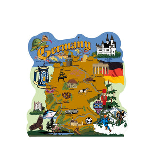 3/4" thick wooden replica with an Illustration of a Map of Germany with various attractions and landmarks on a white background