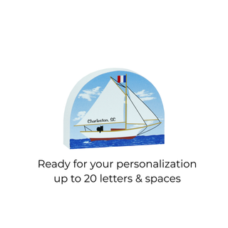 3/4" thick wooden replica with a sailboat design and text 'Charleston, SC' on a white background.