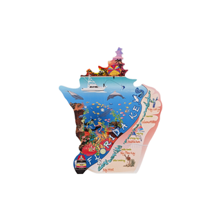 3/4" thick wooden illustration of a colorful map of Florida Keys with various attractions on a white background