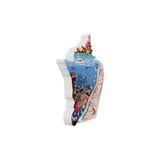 3/4" thick wooden illustration of a colorful map of Florida Keys with various attractions on a white background