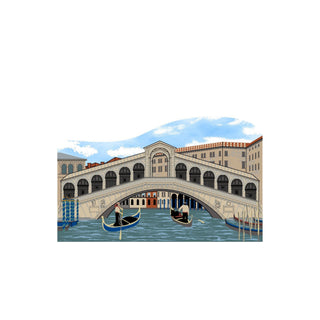 3/4" thick wooden cutout of  the Rialto Bridge in Venice with gondolas and buildings.