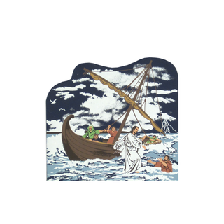 3/4" thick wooden replica with an Illustration of  Jesus walking on water with disciples in a boat