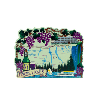 3/4" thick wooden cutout of a Map of the Finger Lakes region with scenic elements and branding.