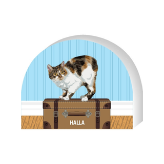 Wooden replica of a  Cat standing on a suitcase with 'Halla' on it, set against a blue wall.