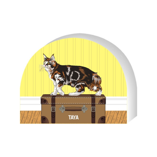 Wooden replica of a  Illustration of a cat on a suitcase with a yellow door in the background, featuring the cats name 'TAYA'.