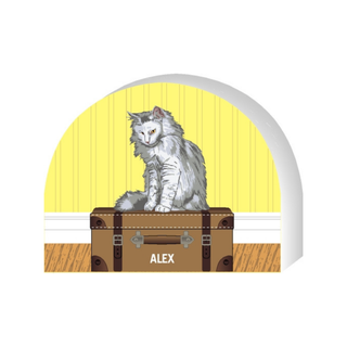Wooden replica of a  Illustration of a cat sitting on a suitcase with a yellow background