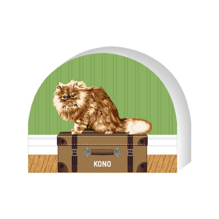 Wooden replica of a  Illustration of a cat on a suitcase with a green door in the background