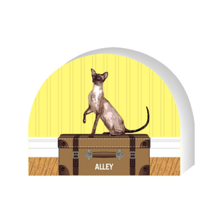 Wooden replica of a Cat on a suitcase with a yellow door in the background, featuring the name 'Alley'.