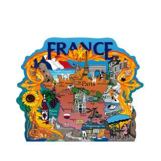 3/4" thick wooden replica with an Illustration of Map of France with various landmarks and symbols on a white background